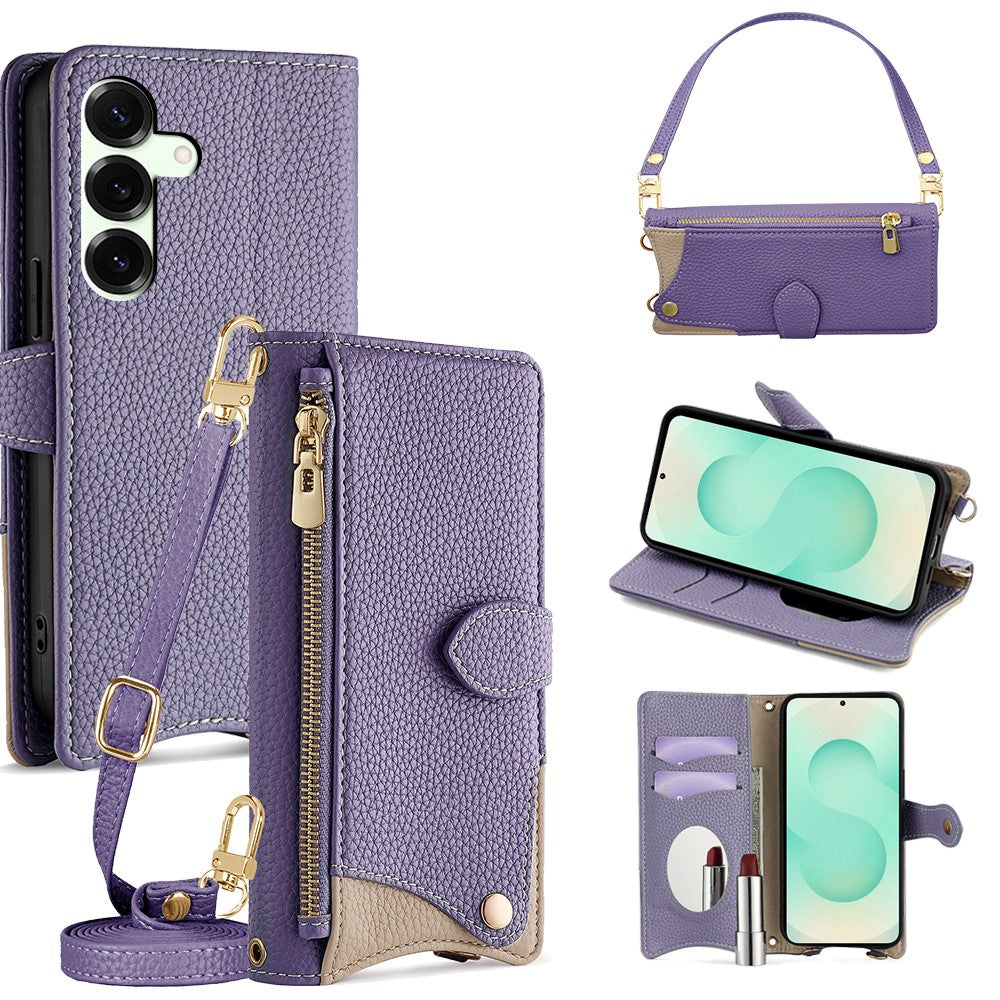 For Samsung Galaxy S25+ Leather Case Fishtail Design Folding Stand Wallet Phone Cover with Mirror Long Strap Short Strap
