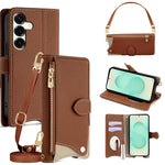 For Samsung Galaxy S25+ Leather Case Fishtail Design Folding Stand Wallet Phone Cover with Mirror Long Strap Short Strap