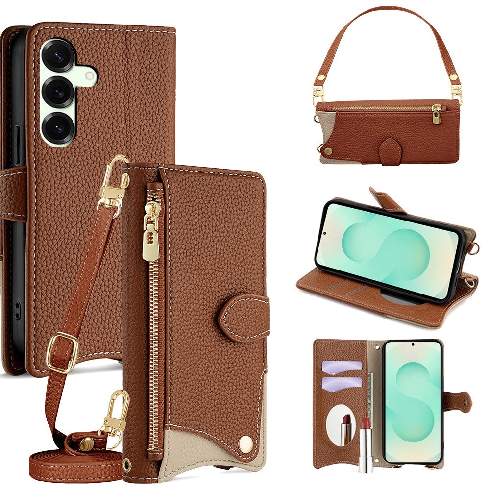 For Samsung Galaxy S25+ Leather Case Fishtail Design Folding Stand Wallet Phone Cover with Mirror Long Strap Short Strap