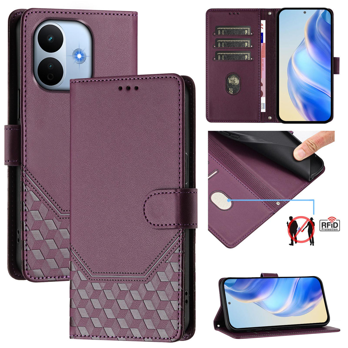 Cover til Xiaomi Redmi Note 17 Pro Max 5G / Xiaomi Redmi Note 17 Pro+ 5G med trykt honningkagemønster, RFID-blokerende læderetui med rem