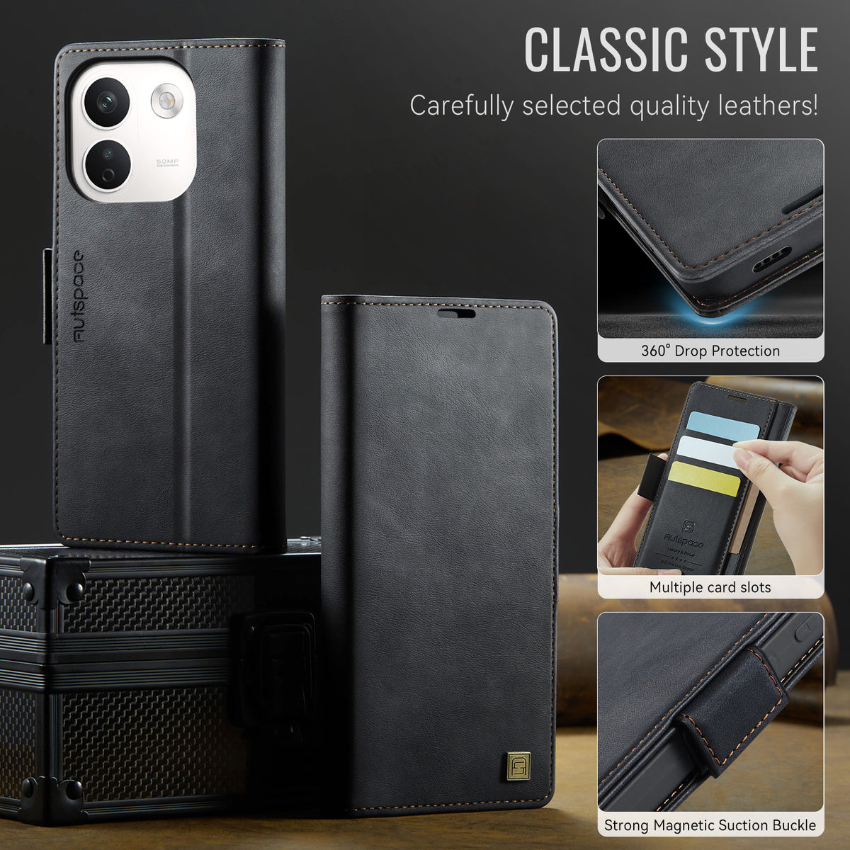 AUTSPACE för Xiaomi Redmi Note 17 Pro Max 5G / Xiaomi Redmi Note 17 Pro+ 5G A11-skal RFID-blockerande retro-läderplånboksfodral för mobilmobil