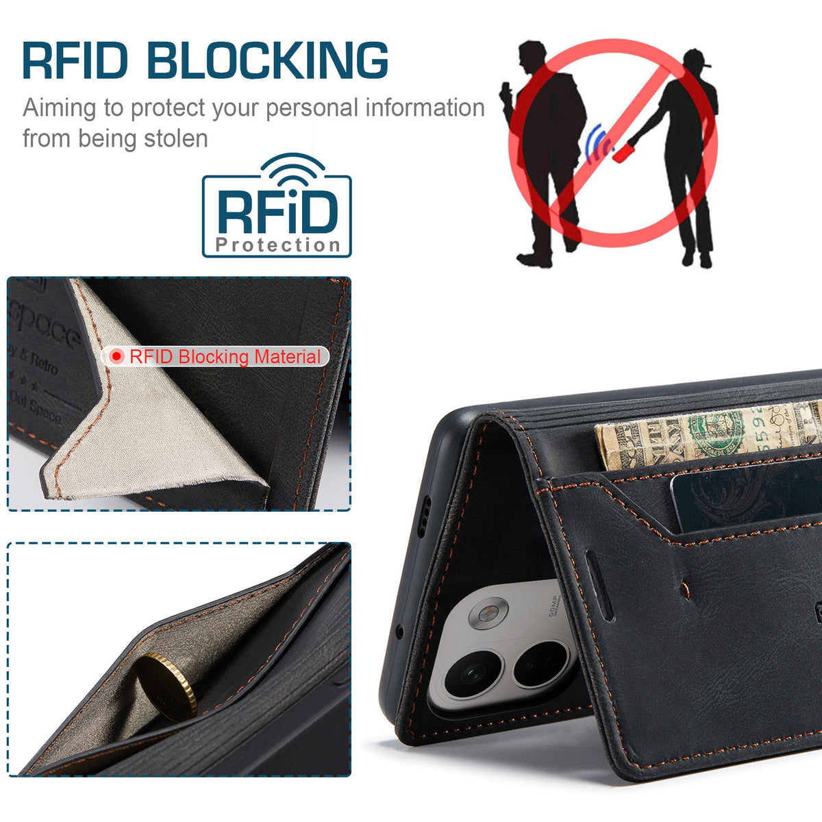 AUTSPACE för Xiaomi Redmi Note 17 Pro Max 5G / Xiaomi Redmi Note 17 Pro+ 5G Plånboksfodral A01 Läderfodral med RFID-blockerande korthållare