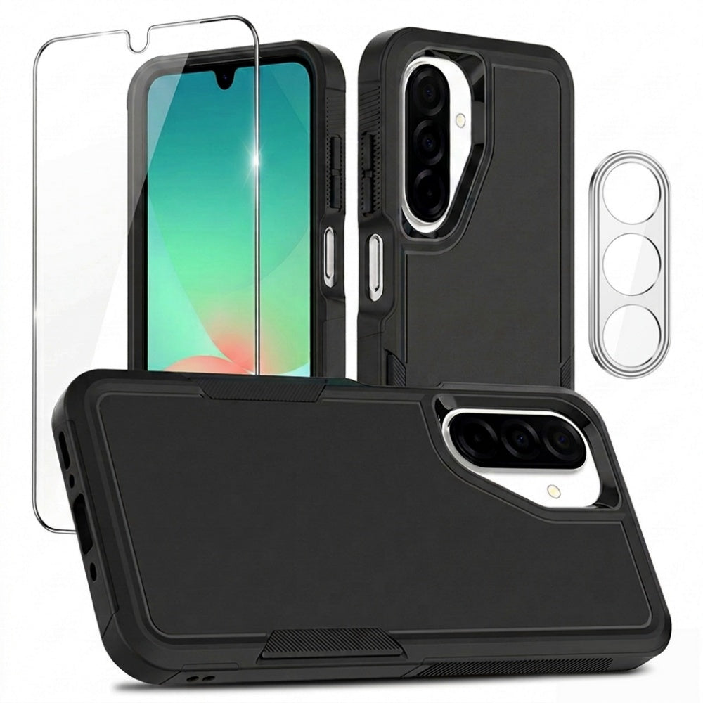 Samsung Galaxy A17 5G / Galaxy A17 4G / Galaxy A26 5G-skal PC + TPU halkfritt mobilskal med skärmskydd i högkvalitativt aluminium-kiselglas + linsskydd i härdat glas