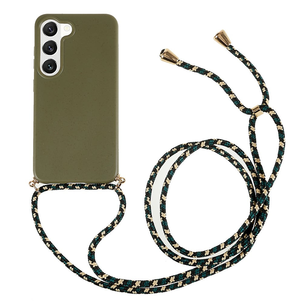 For Samsung Galaxy S23 Back Case Wheat Straw + TPU Shockproof Phone Cover with Adjustable Lanyard