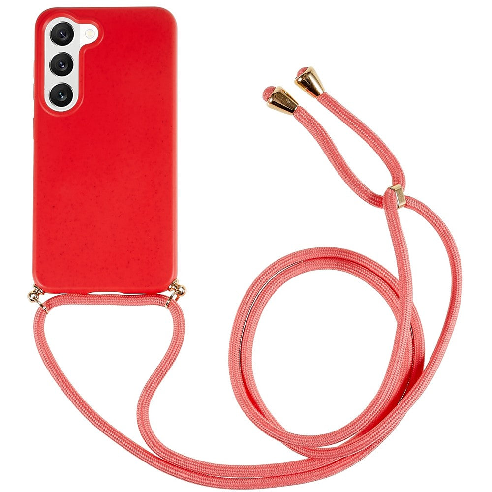 For Samsung Galaxy S23 Back Case Wheat Straw + TPU Shockproof Phone Cover with Adjustable Lanyard