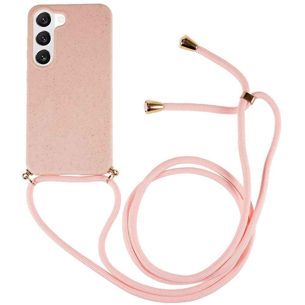 For Samsung Galaxy S23 Back Case Wheat Straw + TPU Shockproof Phone Cover with Adjustable Lanyard