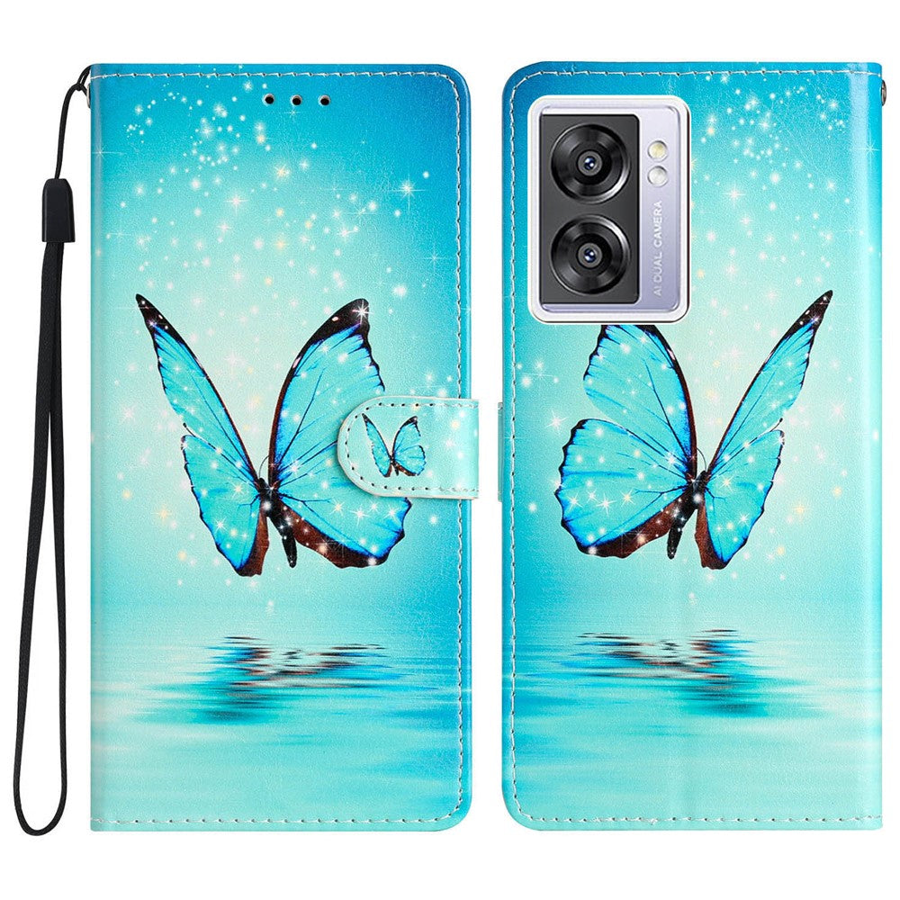 Oppo A57 4G / A57 (2022) 5G / A77 5G PU-læderpung med flipcover, mønstertryk, TPU-inderskal, magnetisk lukning, stativfunktion og rem
