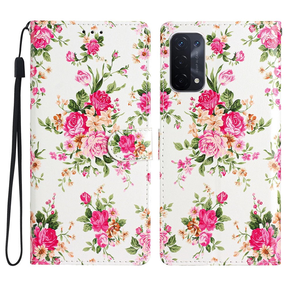 For Oppo A54 5G / A74 5G / A93 5G  Pattern Printing Folding Stand Wallet Case PU Leather Magnetic Closure Flip Protective Phone Cover with Strap
