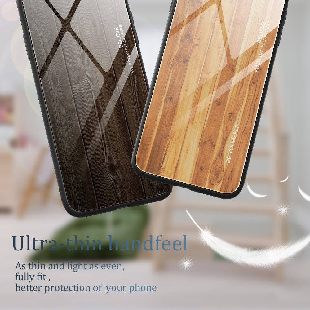For Oppo A17 4G / A17k 4G Wooden Pattern Shockproof Protective Phone Case Tempered Glass Back Soft TPU Frame Anti-Scratch Cover