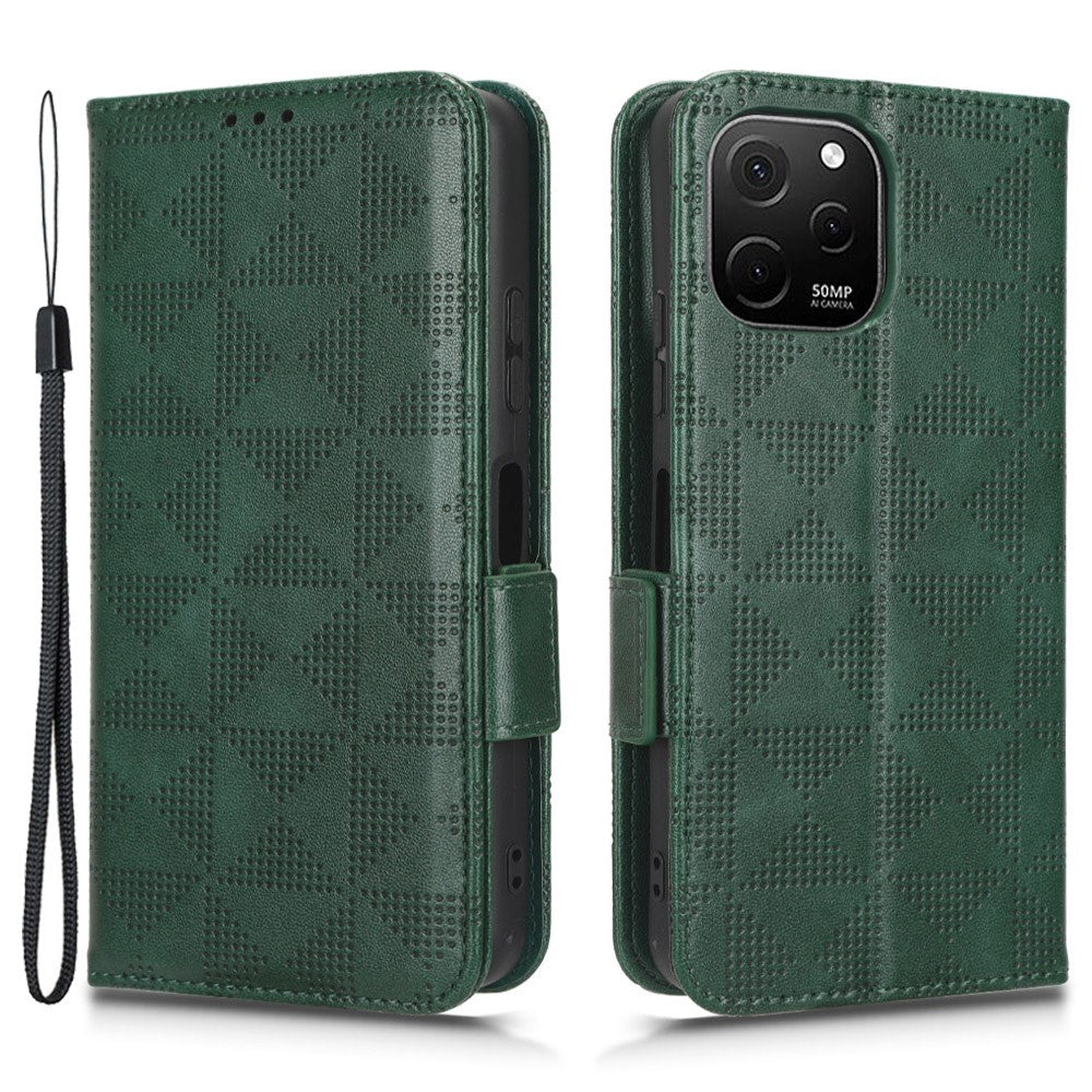 For Huawei nova Y61 4G PU Leather Stand Case Imprinted Triangle Pattern Magnetic Clasp Phone Wallet Cover with Hand Strap