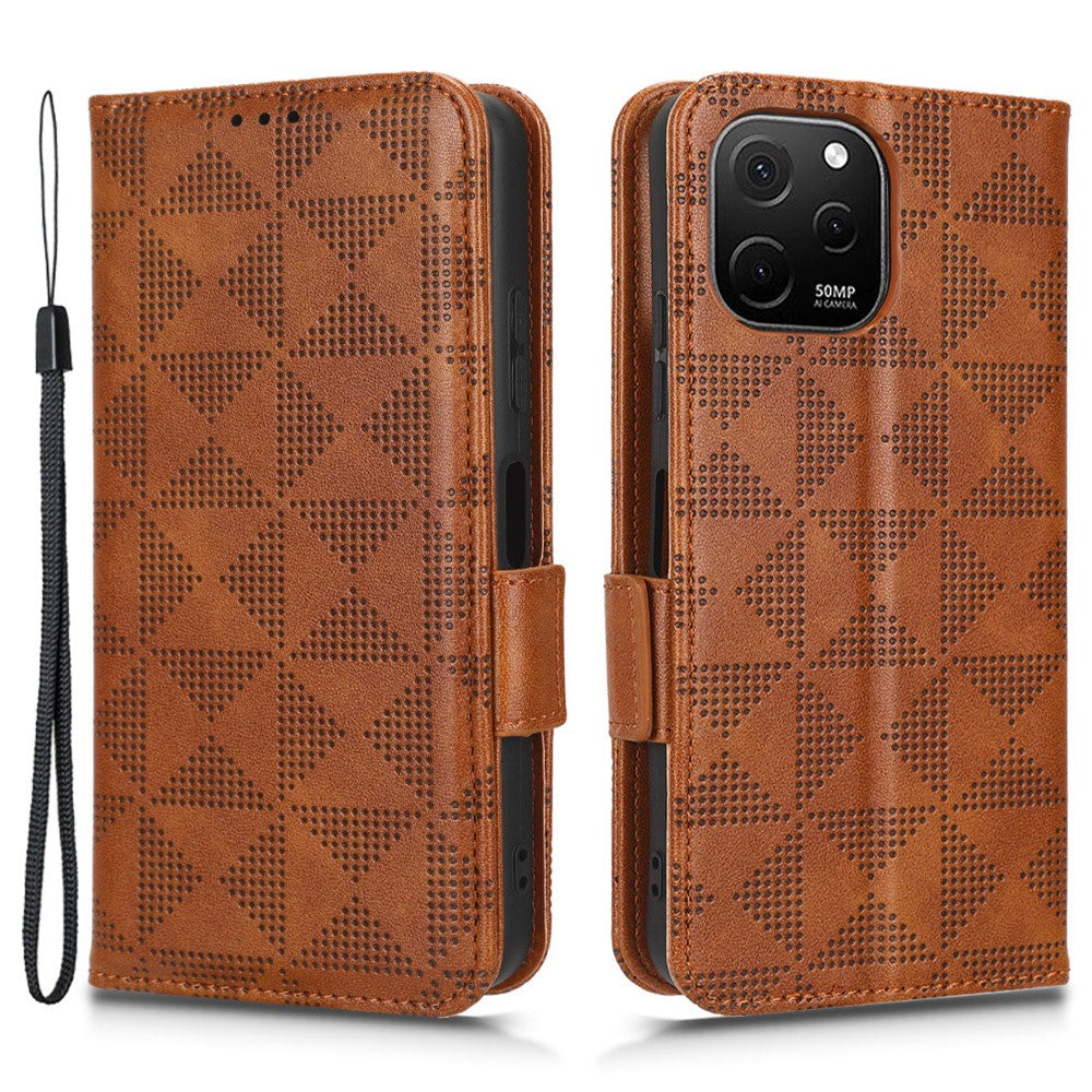Huawei Nova Y61 4G PU-läderfodral med tryckt triangelmönster, magnetiskt spänne, plånboksfodral med handrem