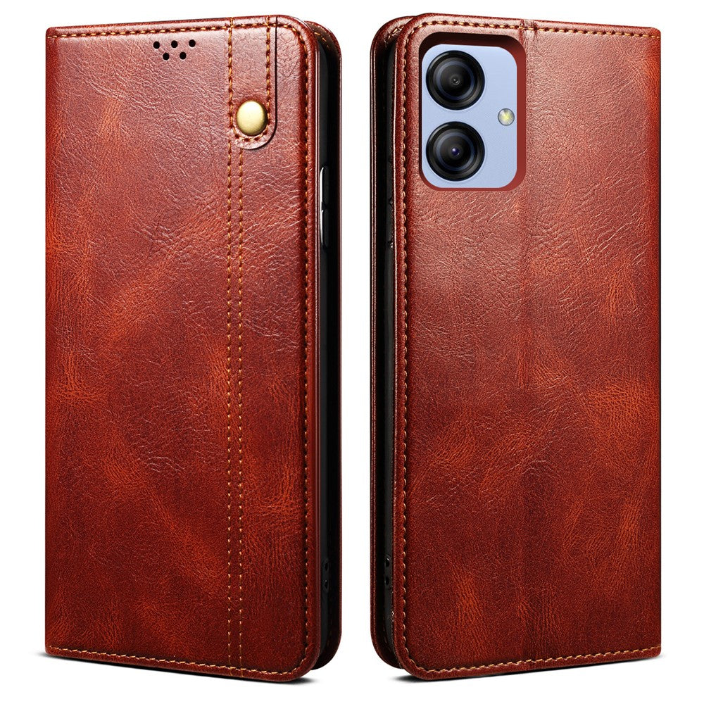 Samsung Galaxy A04e 4G / F04 4G / M04 4G Vaxaktigt Crazy Horse-textur PU-lädermobilskal med automatisk stängning, magnetiskt fodral med stativ, plånbok