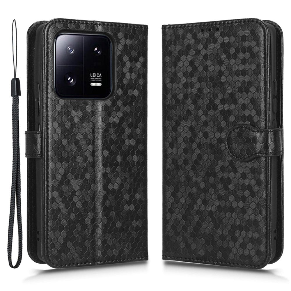 Anti-drop Cell Phone Cover For Xiaomi 13 5G Dot Pattern Imprinted PU Leather Phone Wallet Case Stand with Strap