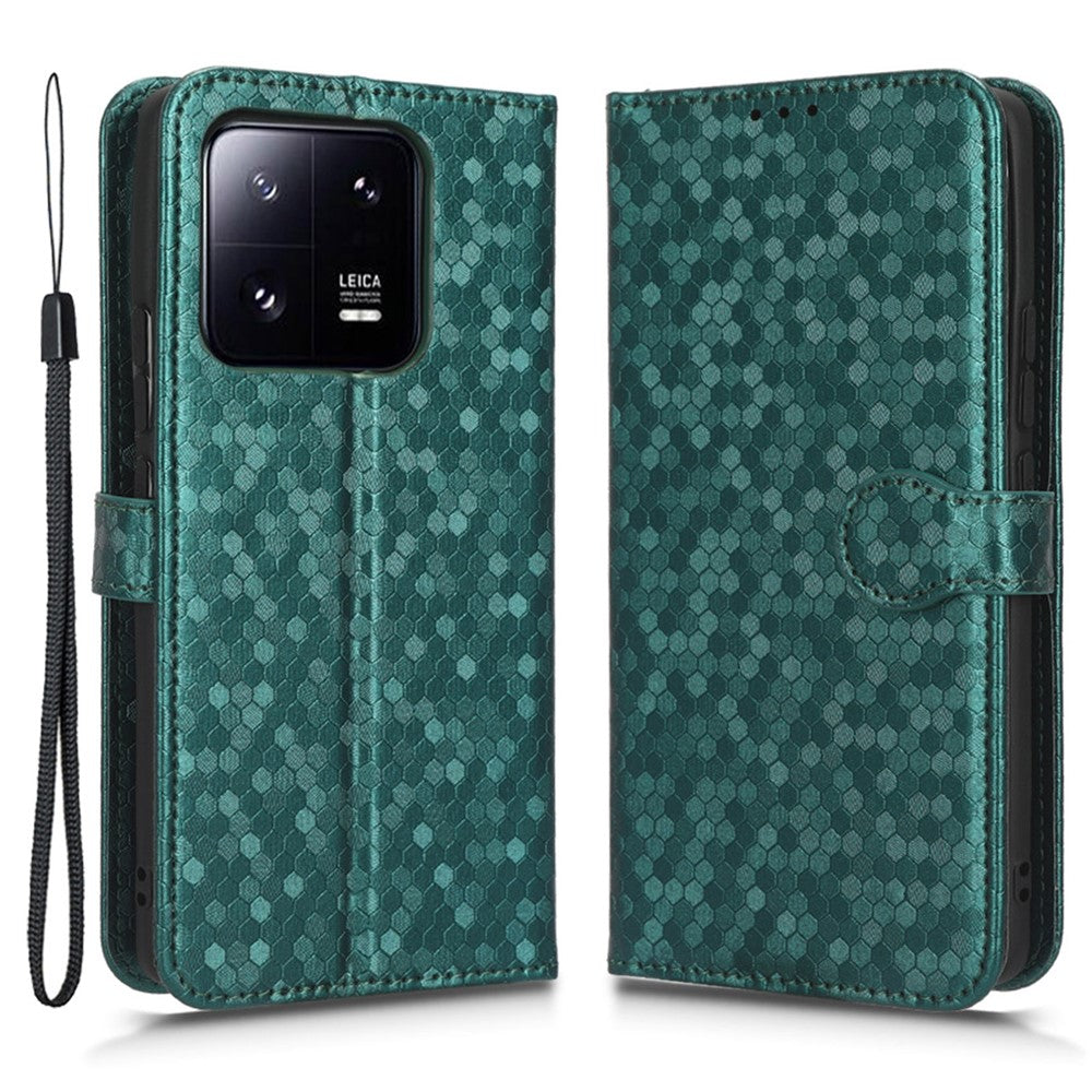 Anti-drop Cell Phone Cover For Xiaomi 13 5G Dot Pattern Imprinted PU Leather Phone Wallet Case Stand with Strap