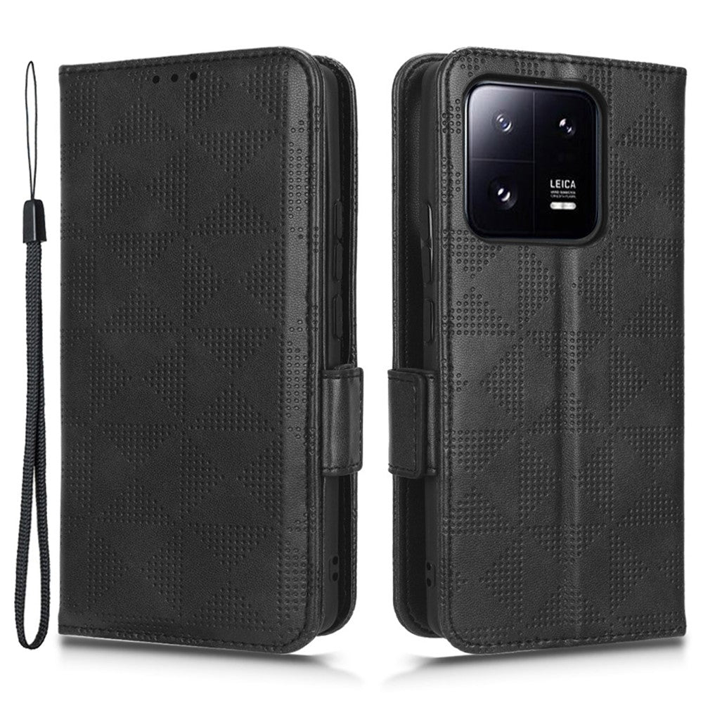 Imprinted Triangle Pattern Phone Cover For Xiaomi 13 5G Wallet Stand Anti-scratch PU Leather Smartphone Case with Hand Strap