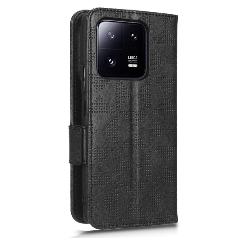 Imprinted Triangle Pattern Phone Cover For Xiaomi 13 5G Wallet Stand Anti-scratch PU Leather Smartphone Case with Hand Strap