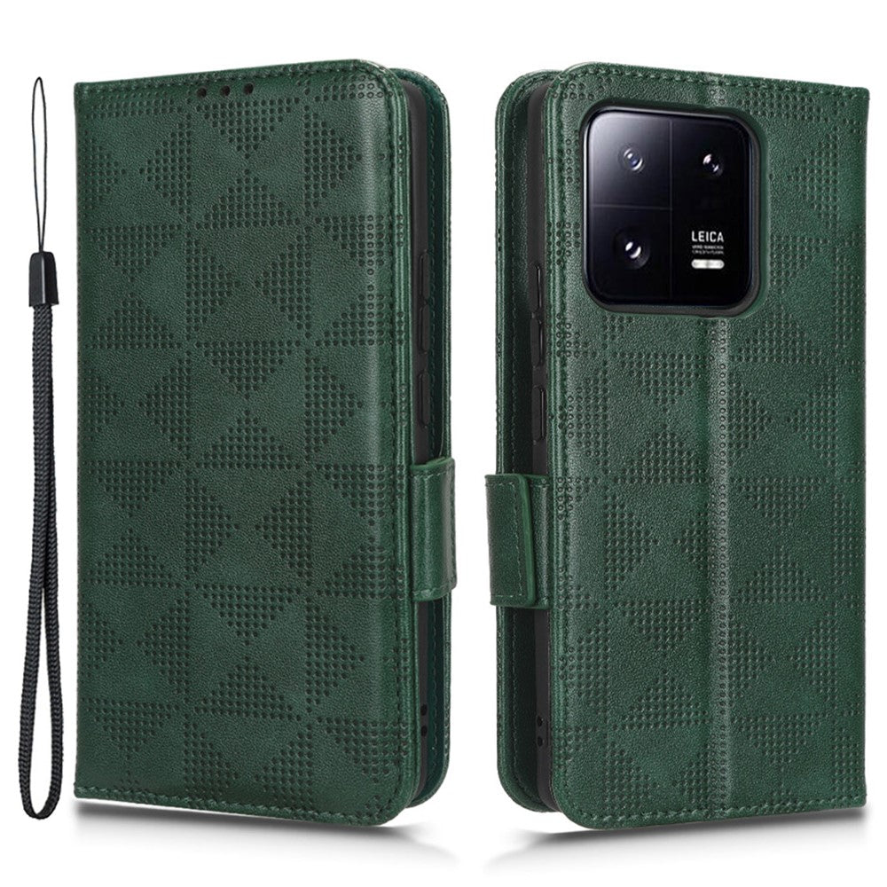 Imprinted Triangle Pattern Phone Cover For Xiaomi 13 5G Wallet Stand Anti-scratch PU Leather Smartphone Case with Hand Strap