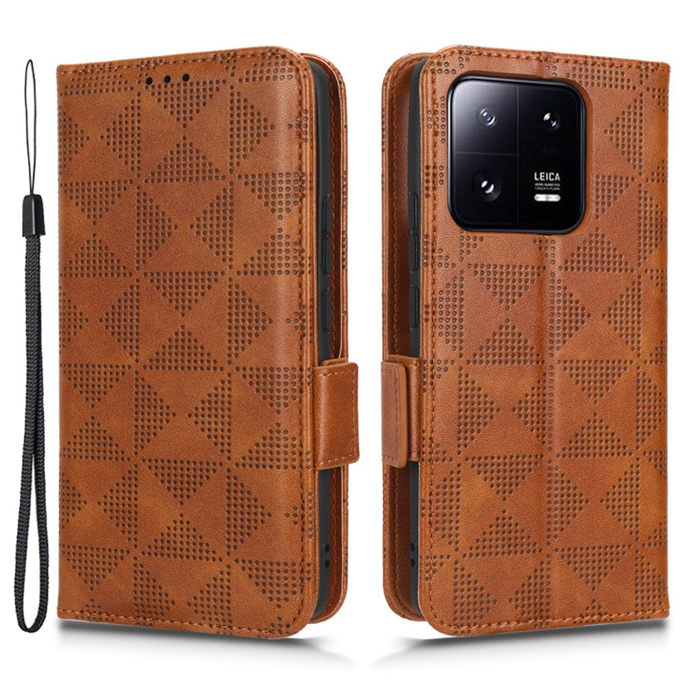 Imprinted Triangle Pattern Phone Cover For Xiaomi 13 5G Wallet Stand Anti-scratch PU Leather Smartphone Case with Hand Strap