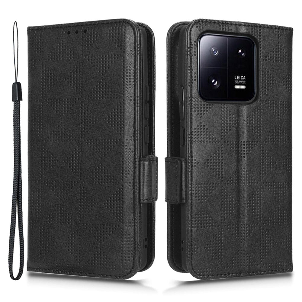 Skyddande mobilfodral för Xiaomi 13 Pro 5G, präglat triangelmönster PU-läder, fallskyddande vikbart plånboksfodral med stativ och handrem