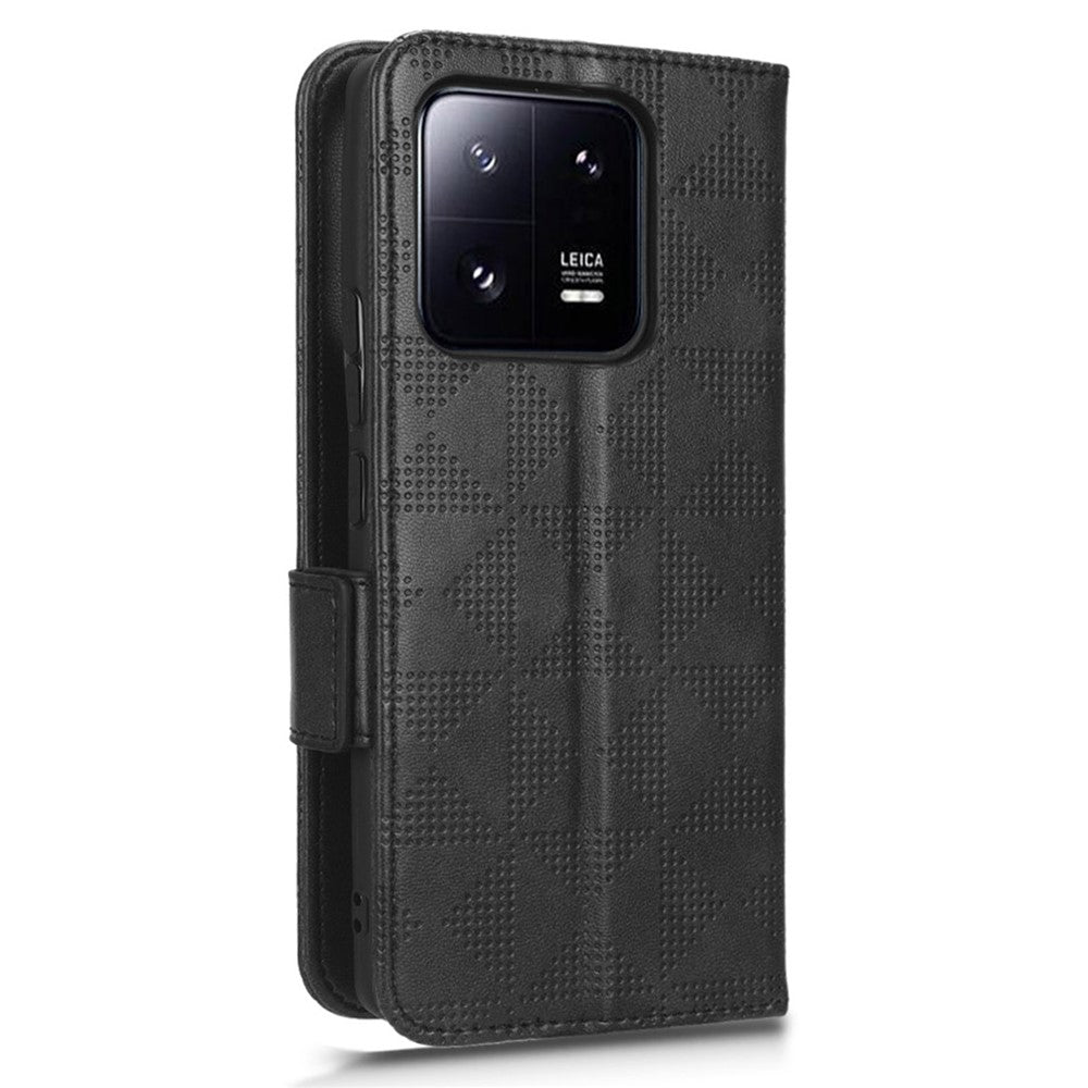 Skyddande mobilfodral för Xiaomi 13 Pro 5G, präglat triangelmönster PU-läder, fallskyddande vikbart plånboksfodral med stativ och handrem