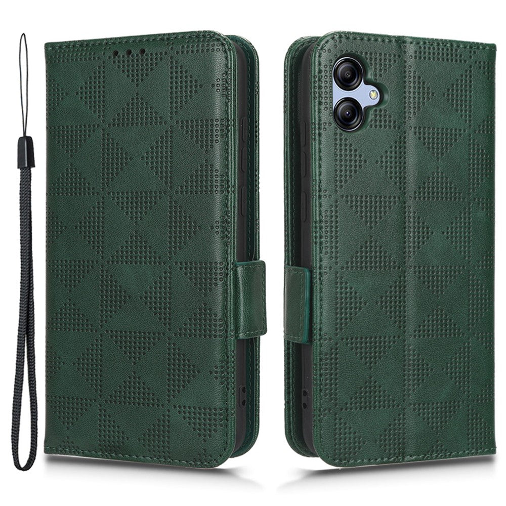 Shockproof Phone Cover For Samsung Galaxy A04e 4G / F04 4G / M04 4G Imprinted Triangle Pattern PU Leather Flip Wallet Stand Case with Hand Strap