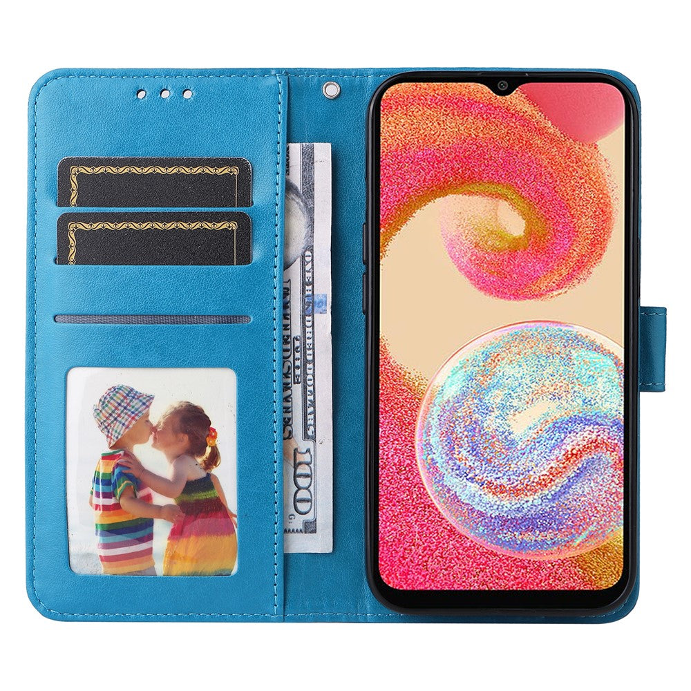 Samsung Galaxy A04e 4G / F04 4G / M04 4G Anti-blekning PU-läder med solrostryck, stativ, magnetisk stängning och handrem