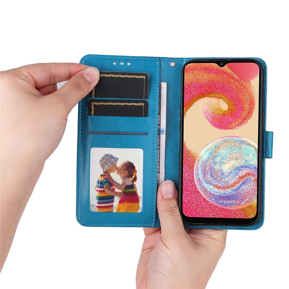 Samsung Galaxy A04e 4G / F04 4G / M04 4G Anti-blekning PU-läder med solrostryck, stativ, magnetisk stängning och handrem