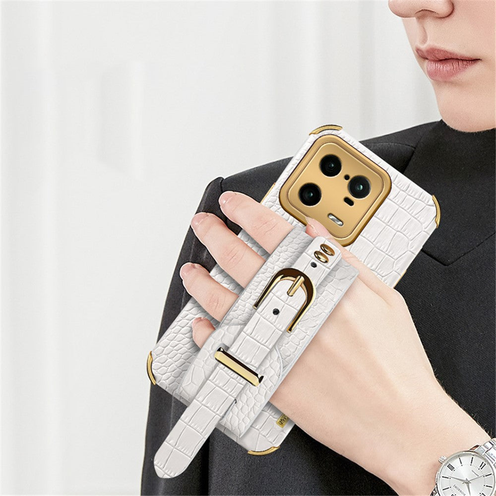 Xiaomi 13 Pro 5G Elektroplätering Krokodilstruktur Kollisionsskyddande PU-läderbelagt PC+TPU-skal Handrem Stöddesign Skyddande skal