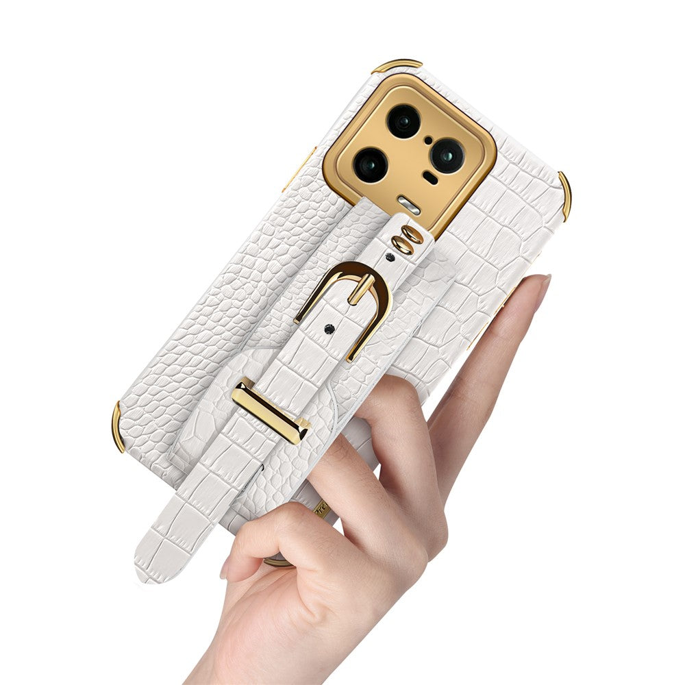For Xiaomi 13 Pro 5G Electroplating Crocodile Texture Anti-collision PU Leather Coated PC+TPU Case Hand Strap Kickstand Design Protective Cover
