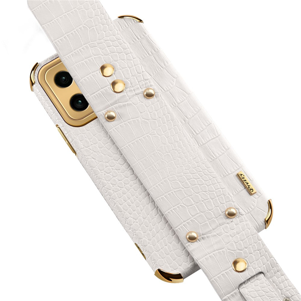For Xiaomi 13 Pro 5G Electroplating Crocodile Texture Anti-collision PU Leather Coated PC+TPU Case Hand Strap Kickstand Design Protective Cover