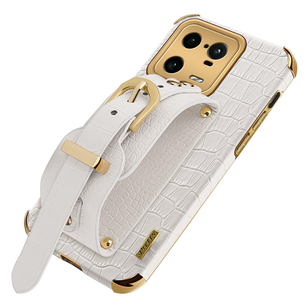 For Xiaomi 13 Pro 5G Electroplating Crocodile Texture Anti-collision PU Leather Coated PC+TPU Case Hand Strap Kickstand Design Protective Cover