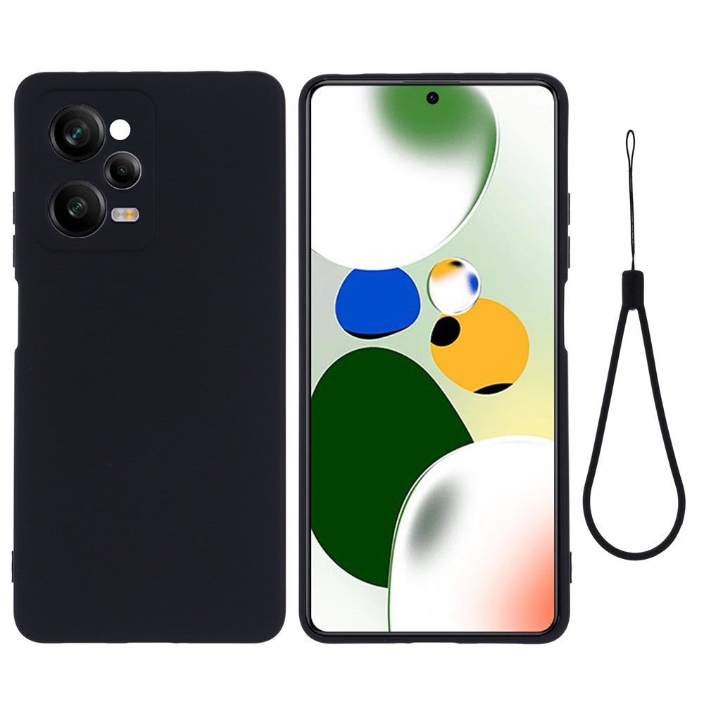 For Xiaomi Redmi Note 12 Pro 5G PU Leather Stand Wallet Cover with Strap Liquid Silicone Drop-proof Case Shockproof Cell Phone Protective Cover with Strap