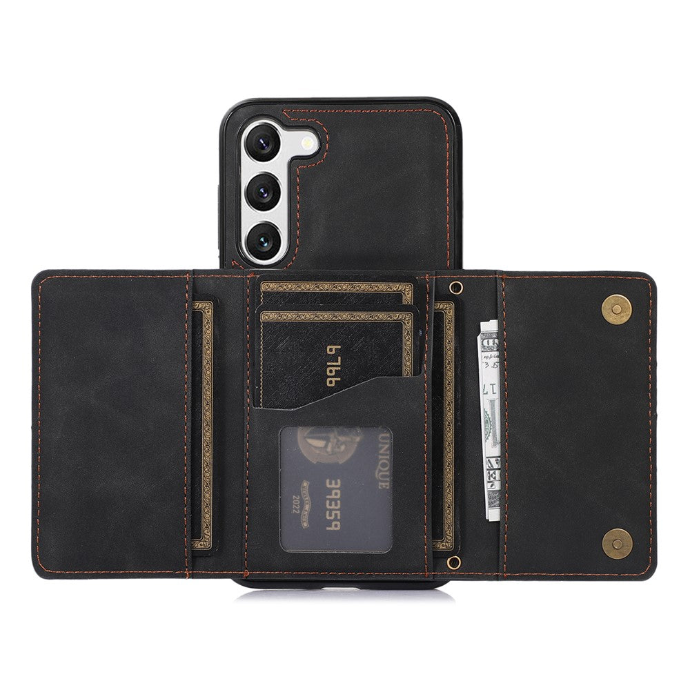 For Samsung Galaxy S23+ PU Leather Coated TPU Case Tri-fold Wallet Kickstand Protective Phone Cover
