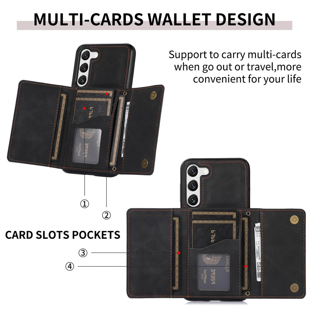 For Samsung Galaxy S23+ PU Leather Coated TPU Case Tri-fold Wallet Kickstand Protective Phone Cover