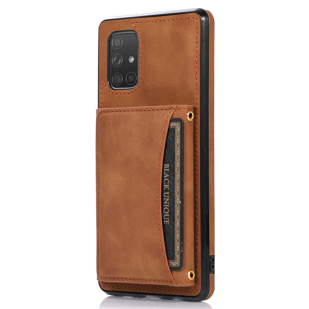 For Samsung Galaxy A51 4G SM-A515 Magnetic Button Tri-fold Wallet Phone Case Kickstand PU Leather Coated TPU Cover