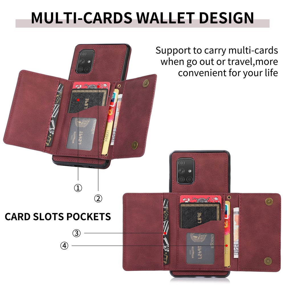 For Samsung Galaxy A51 4G SM-A515 Magnetic Button Tri-fold Wallet Phone Case Kickstand PU Leather Coated TPU Cover