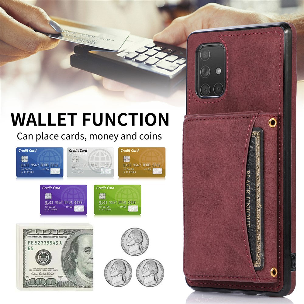 For Samsung Galaxy A51 4G SM-A515 Magnetic Button Tri-fold Wallet Phone Case Kickstand PU Leather Coated TPU Cover