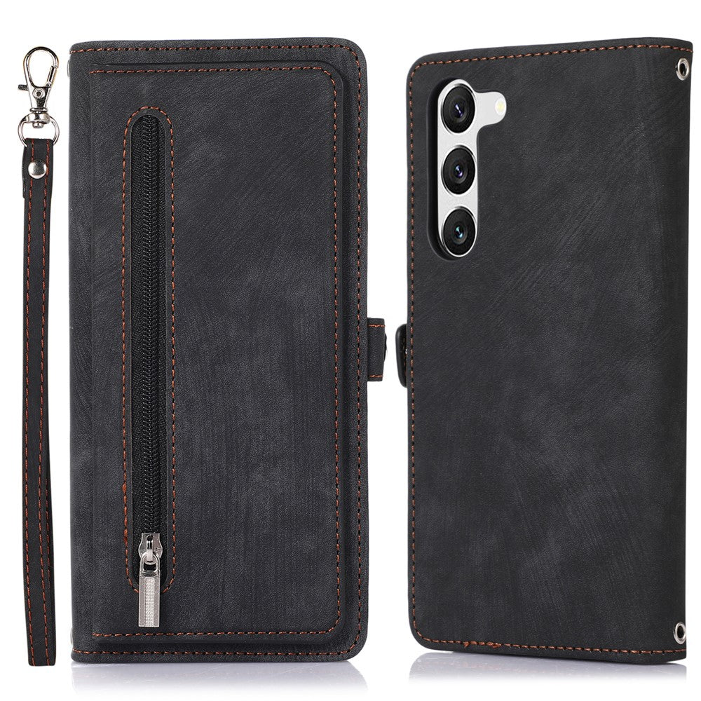 Samsung Galaxy S23+ pung-etui med lynlås, magnetisk lukning, 9 kortlommer, stativ, PU-læder og håndledsrem