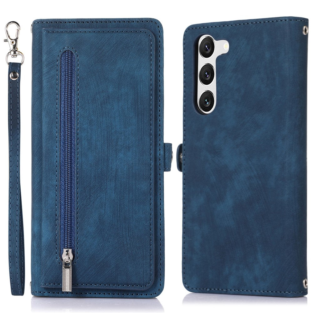 Samsung Galaxy S23+ pung-etui med lynlås, magnetisk lukning, 9 kortlommer, stativ, PU-læder og håndledsrem