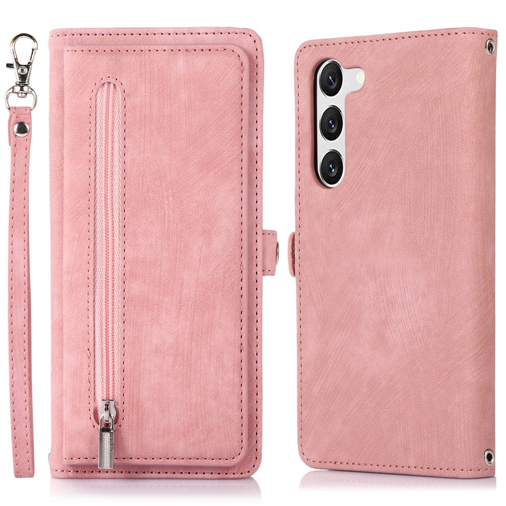 Samsung Galaxy S23+ pung-etui med lynlås, magnetisk lukning, 9 kortlommer, stativ, PU-læder og håndledsrem