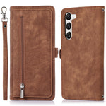 Samsung Galaxy S23+ pung-etui med lynlås, magnetisk lukning, 9 kortlommer, stativ, PU-læder og håndledsrem