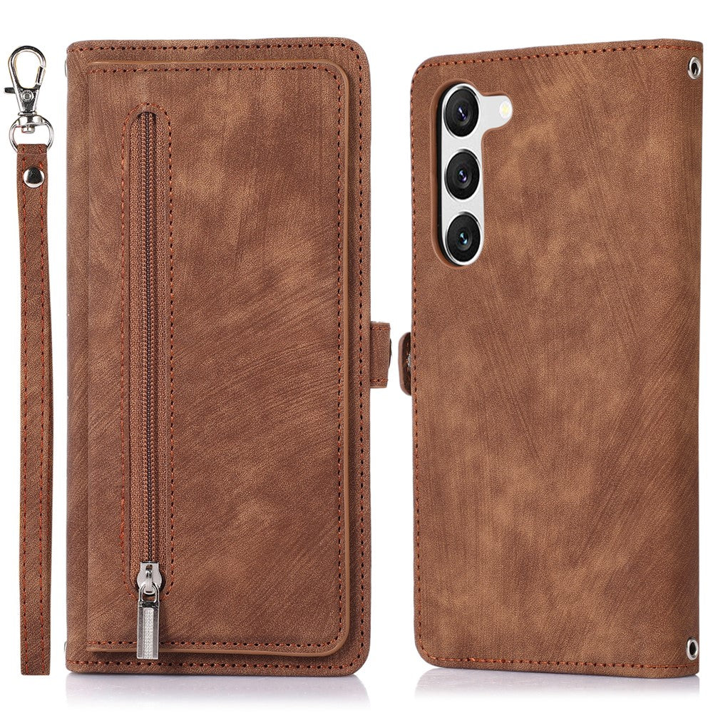 Samsung Galaxy S23+ pung-etui med lynlås, magnetisk lukning, 9 kortlommer, stativ, PU-læder og håndledsrem
