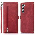 Samsung Galaxy S23+ pung-etui med lynlås, magnetisk lukning, 9 kortlommer, stativ, PU-læder og håndledsrem