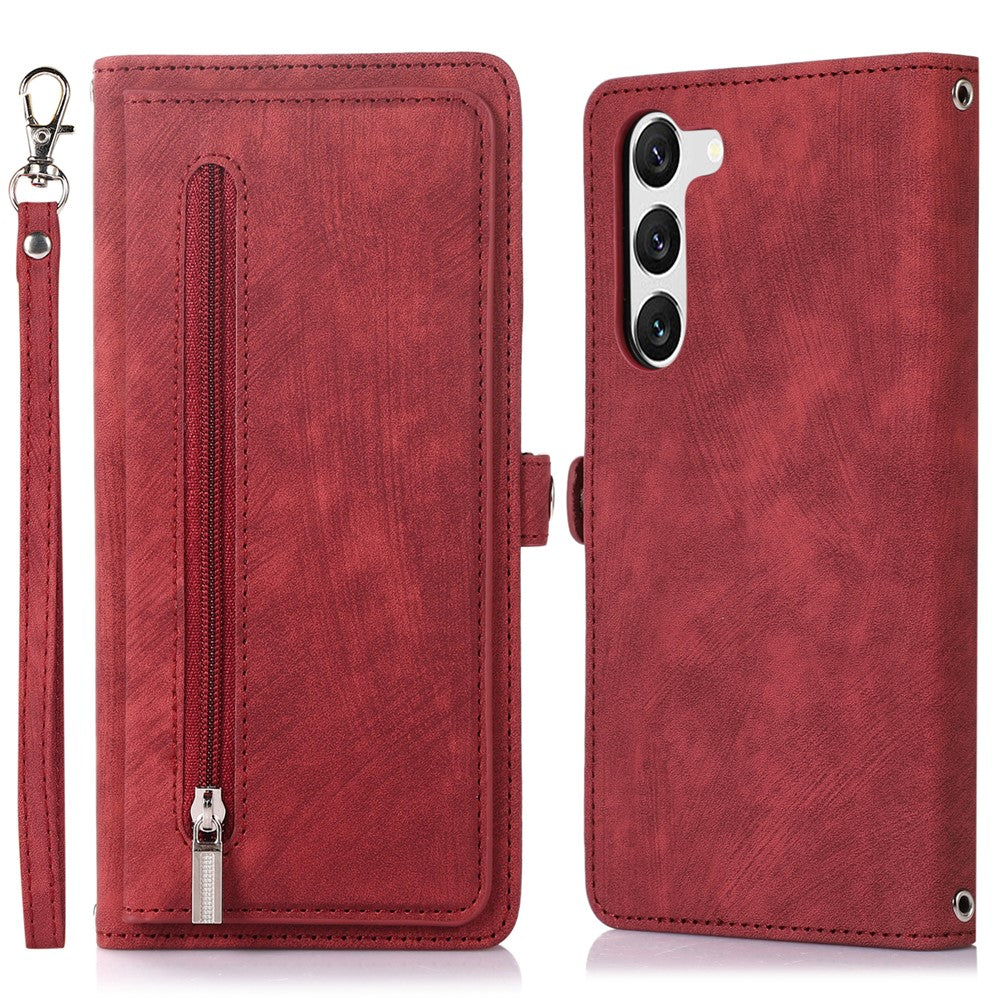 Samsung Galaxy S23+ pung-etui med lynlås, magnetisk lukning, 9 kortlommer, stativ, PU-læder og håndledsrem
