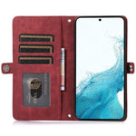 Samsung Galaxy S23+ pung-etui med lynlås, magnetisk lukning, 9 kortlommer, stativ, PU-læder og håndledsrem