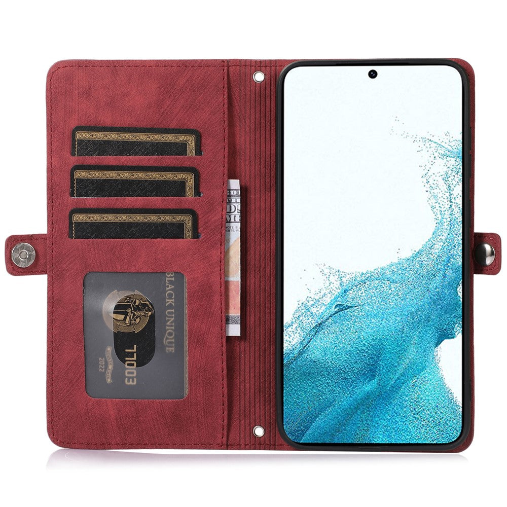 Samsung Galaxy S23+ pung-etui med lynlås, magnetisk lukning, 9 kortlommer, stativ, PU-læder og håndledsrem