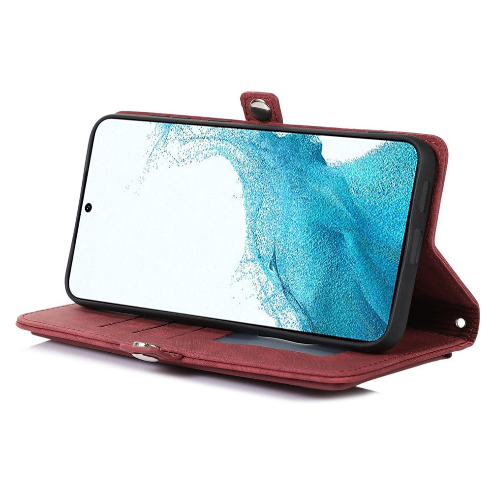 Samsung Galaxy S23+ pung-etui med lynlås, magnetisk lukning, 9 kortlommer, stativ, PU-læder og håndledsrem
