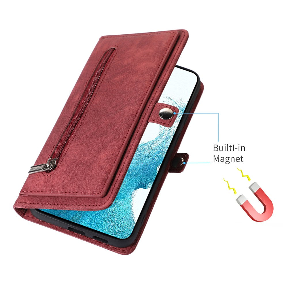Samsung Galaxy S23+ pung-etui med lynlås, magnetisk lukning, 9 kortlommer, stativ, PU-læder og håndledsrem