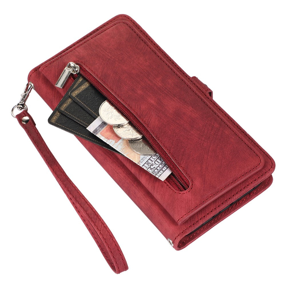 Samsung Galaxy S23+ pung-etui med lynlås, magnetisk lukning, 9 kortlommer, stativ, PU-læder og håndledsrem