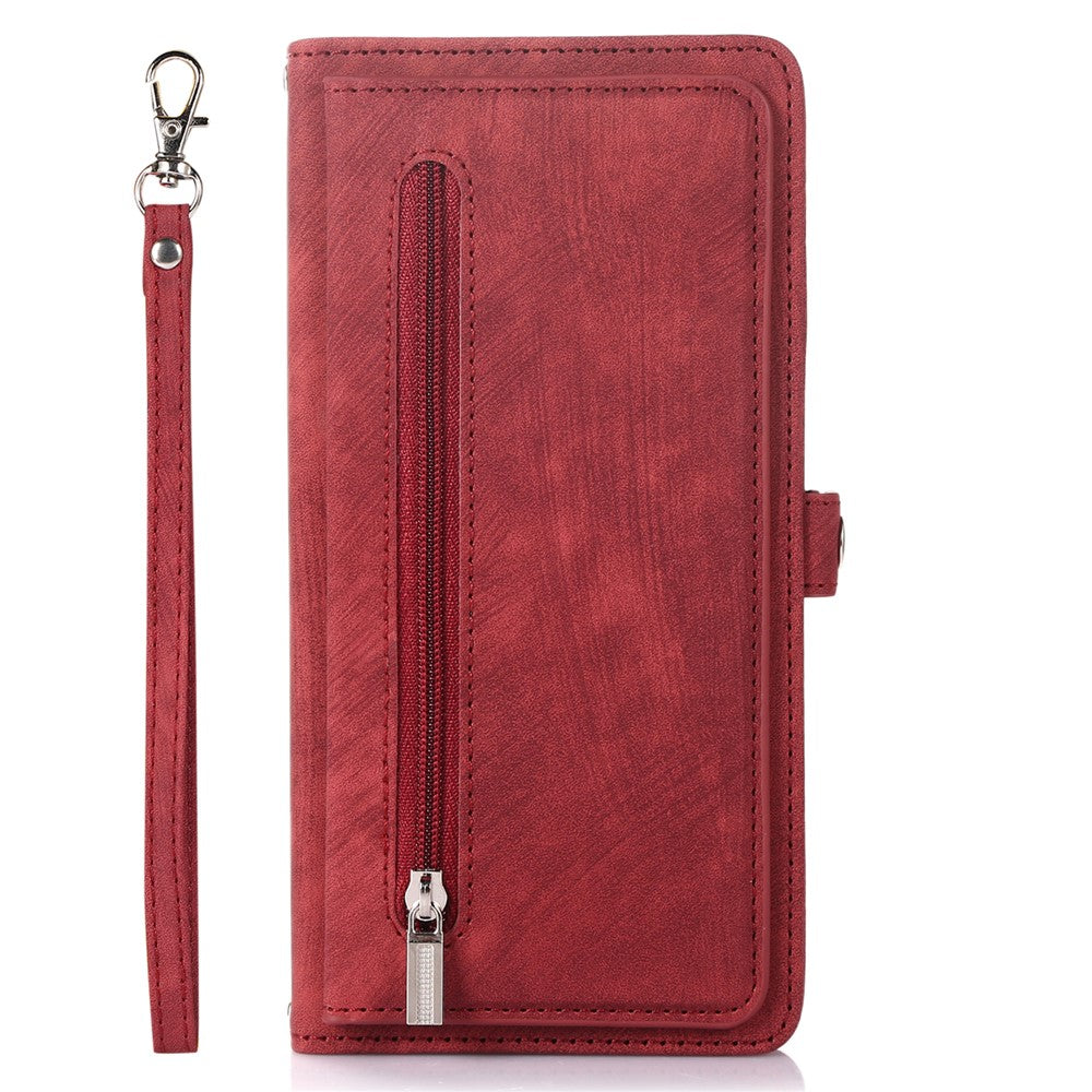 Samsung Galaxy S23+ pung-etui med lynlås, magnetisk lukning, 9 kortlommer, stativ, PU-læder og håndledsrem